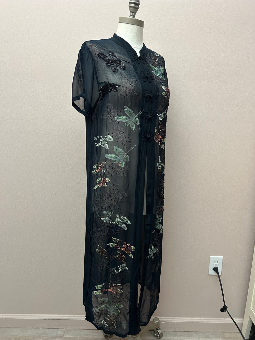 VTG Cache Sheer Black Embroidered Butterfly Duster Asian frog closure sz small - Picture 5 of 16